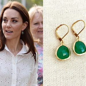 Kate Middleton Green Faceted Glass Double Sided Gemstone Gold Drop Earrings