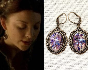LAST PAIR Anne Boleyn Amethyst Opal Antique Brass Earrings