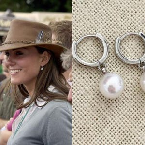 Kate Middleton 14k White Gold .925 Sterling Silver Hoop White Pearl Earrings