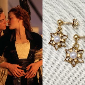 Rose Gold Plated Brass 6 Point Petal Flower Star Snowflake Charm Pendant Round White Glass Pearl Art Deco Dangle Earrings