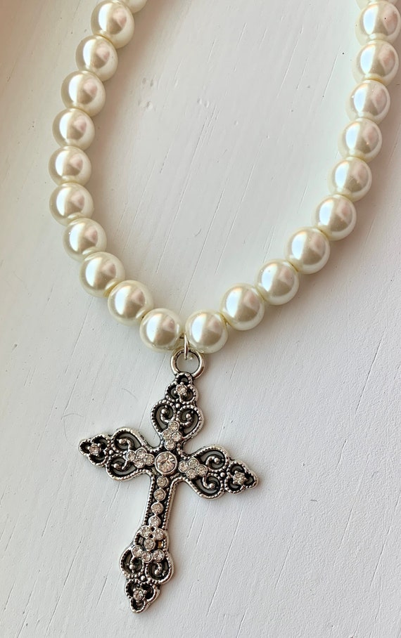 White Stone Clear Beige Stones Beaded Silver Cross Pendant Necklace 
