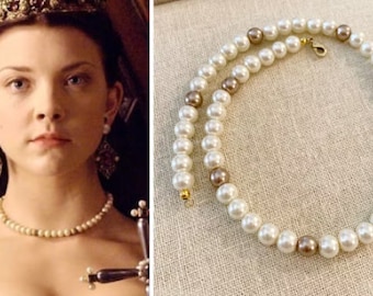 Anne Boleyn Tudors Cream Off White Mocha Pearls Choker Necklace