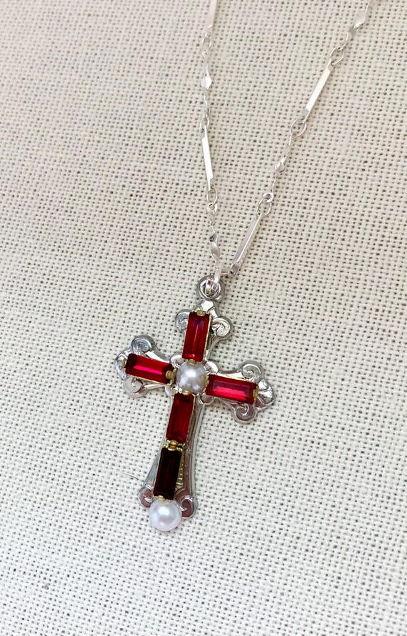 Romeo and Juliet Ruby White Pearl Silver Cross Silver Bar Chain - Etsy