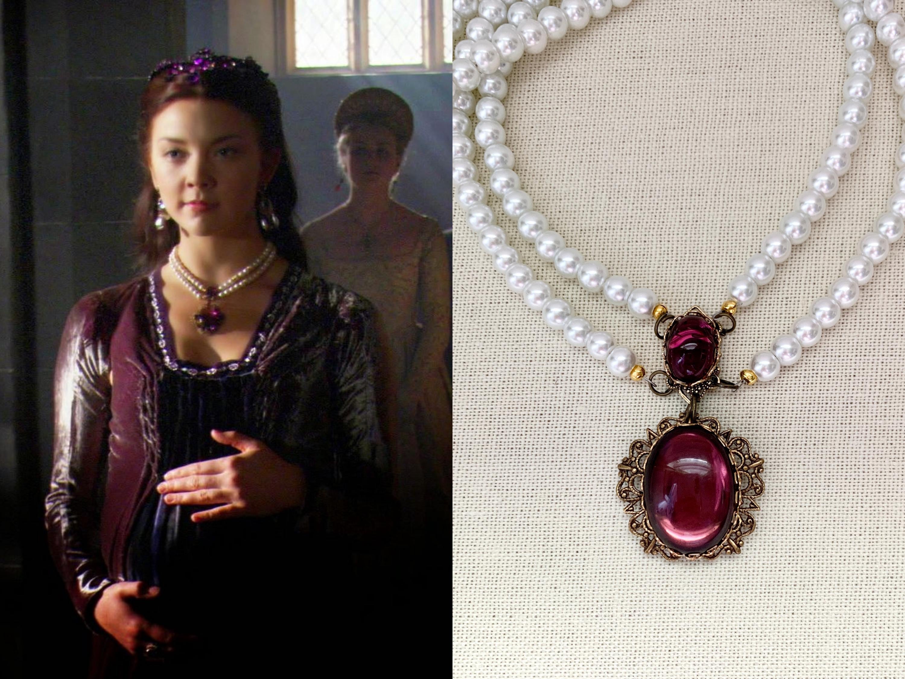 Anne Boleyn Tudors Antique Brass Gold White Pearl Double Strand