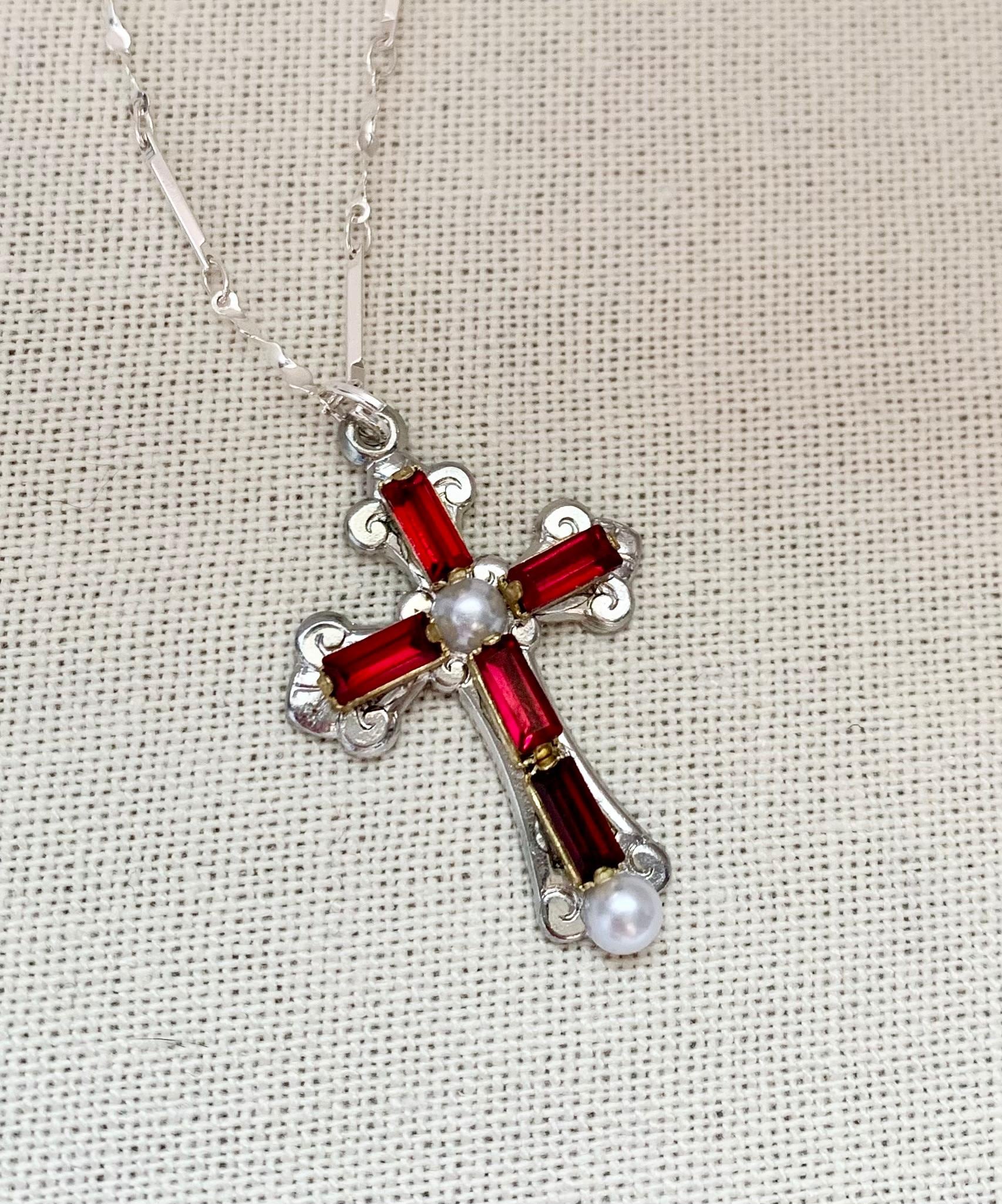 Romeo and Juliet Ruby White Pearl Silver Cross Silver Bar Chain - Etsy