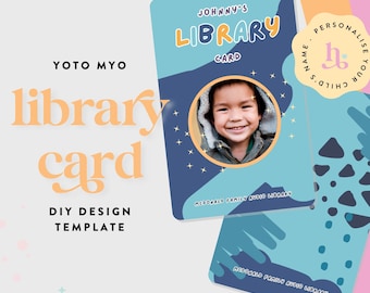 May include: A DIY design template for a library card featuring a child's photo. The card has a blue and white design with the text "JOHNNY'S LIBRARY CARD". The template includes the text "YOTO MYO" and "DIY DESIGN TEMPLATE".