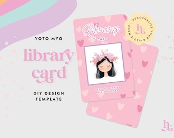 May include: A pink library card template with a floral illustration of a girl with a flower crown. The text "Library Card" is at the top of the card. The text "McDonald Family Audio Library" is at the bottom of the card.