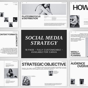 May include: A digital marketing presentation with a black and white theme. The title "Social Media Strategy" is displayed prominently. The presentation includes the text "18 page - fully customizable - available for Canva."