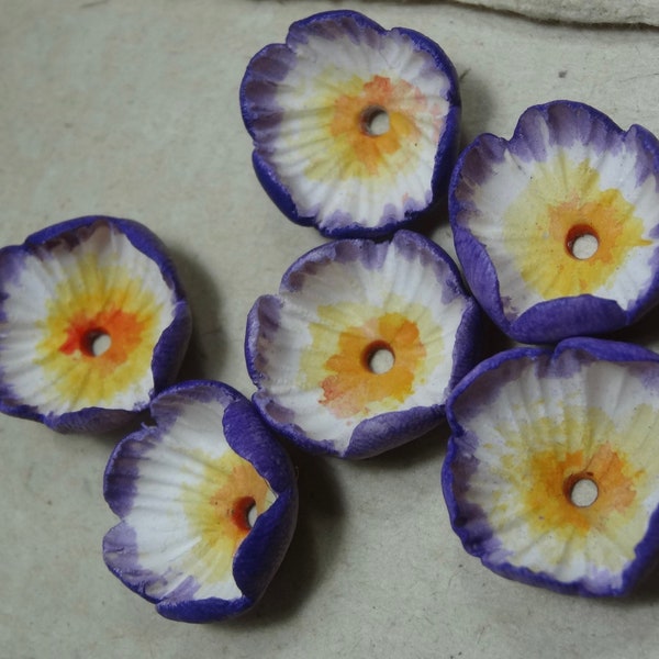 PAIR early Spring sculpted ceramic daisy flower pod bead set purple white sunshine yellow katy wroe -P78