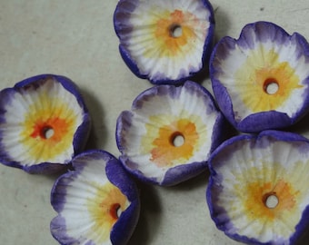 PAIR early Spring sculpted ceramic daisy flower pod bead set purple white sunshine yellow katy wroe -P78