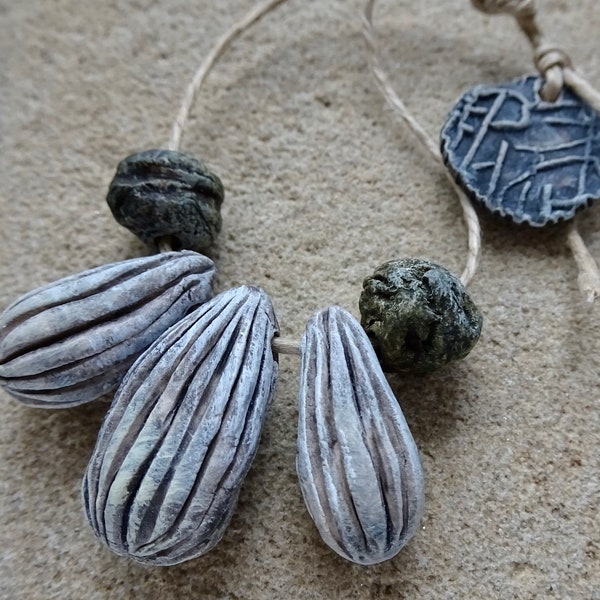 winter beach ceramic sculpture pendant bead set monochrome black grey sepia white katy wroe handmade -W6