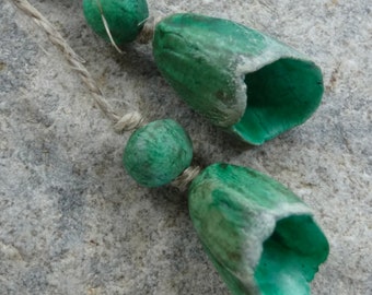 tropical Summer textured ceramic pod bead set bright green white sepia katy wroe -P201