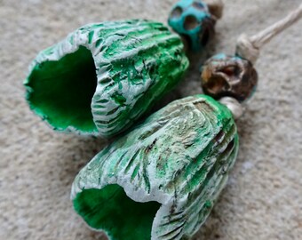 PAIR Spring pond gazer handmade sculpted ceramic waterfall pod bead set pastel green white blue sepia katy wroe -257