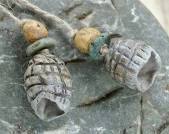 rocky shore line Summer textured ceramic pod bead set yellow white grey sepia katy wroe -Z123