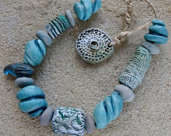 OOAK winter beach ceramic sculpture bead set turquoise blue sea green white katy wroe handmade -X302