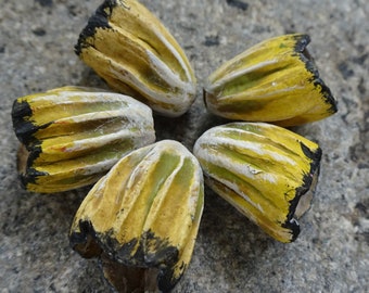 early Autumn Fall harvest sculpted ceramic flower pod bead set yellow sepia white handmade katy wroe -K24