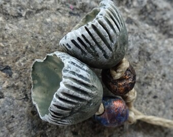 early Autumn Fall mist & mizzle sculpted ceramic flower seed pod bead set grey green blue copper handmade katy wroe -59