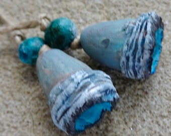 PAIR winter frost textured ceramic pod bead set blue white sepia katy wroe -K58