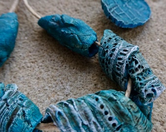 OOAK winter beach ceramic sculpture tube bead set deep turquoise blue sea green white katy wroe handmade -Z143