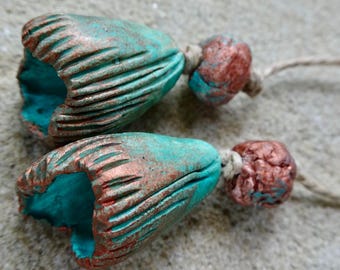 PAIR Summer pond pod flower bead textured handmade copper verdigris turquoise ceramic katy wroe -359