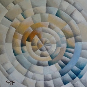 NUEVA pintura al óleo original de Katy Wroe sobre panel de madera azul blanco crema amarillo ocre inglés modernista abstracto arte de la pared poesía -4