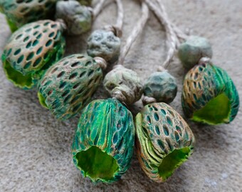 PAIR Spring germination seedling handmade sculpted ceramic flower pod bead set vibrant green yellow ochre katy wroe -R5