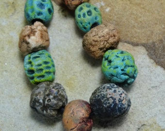 forest floor Autumn Fall textured ceramic small bead set green ochre rust sepia beige katy wroe -P77