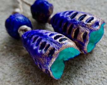 PAIR Winter Solstice sculpted porcelain textured pod bead set purple gold turquoise handmade katy wroe -345