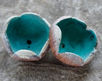 PAIR Winter fairytale ceramic flower pod beads turquoise copper white katy wroe handmade -T196