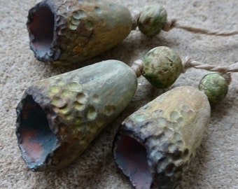 triplet set 27mm BIG handmade sculpted ceramic pod pendant bead set natural yellow green lichen shades katy wroe -183
