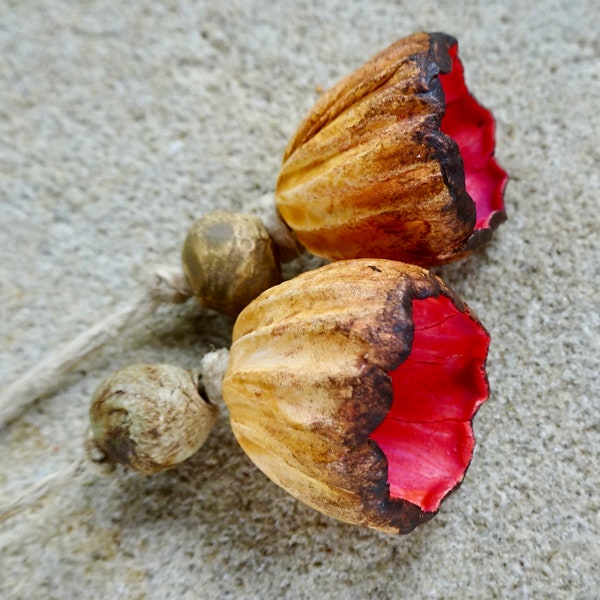 early Autumn Fall harvest sculpted ceramic flower seed pod bead set red yellow ochre sepia handmade katy wroe -P162