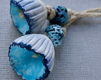 PAIR Summer wave textured ceramic flower pod bead set indigo sky blue cream white katy wroe -Z32