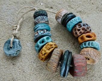 Summer beach textured ceramic porcelain disc bead set sky blue warm sand yellow ochre naturals katy wroe handmade -K156