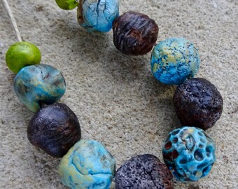 OOAK Spring landscape porcelain ceramic round bead set sky blue lime green katy wroe handmade -49