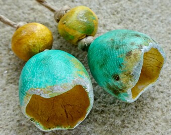 PAIR Summer shell beach textured pod flower bead turquoise aqua yellow sepia white white katy wroe -Y60