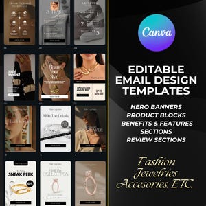 40 modelos de e-mail do Canva Designs de boletins informativos editáveis | Moda e joias | Design de e-mail de marketing Klaviyo MailChimp Email Flows Campaign
