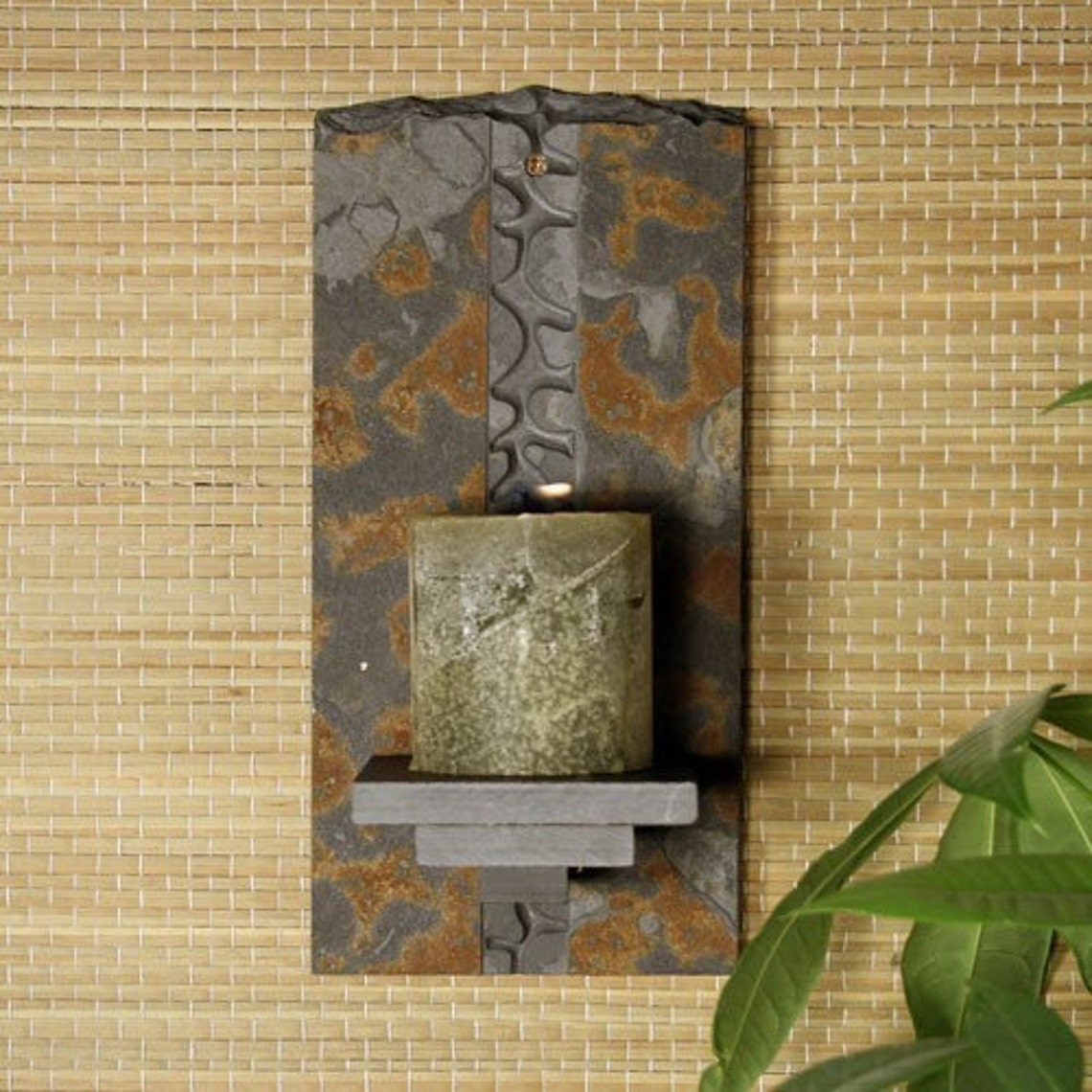 Natural Stone Wall Candle Sconce River Rock on Copper Slate Etsy
