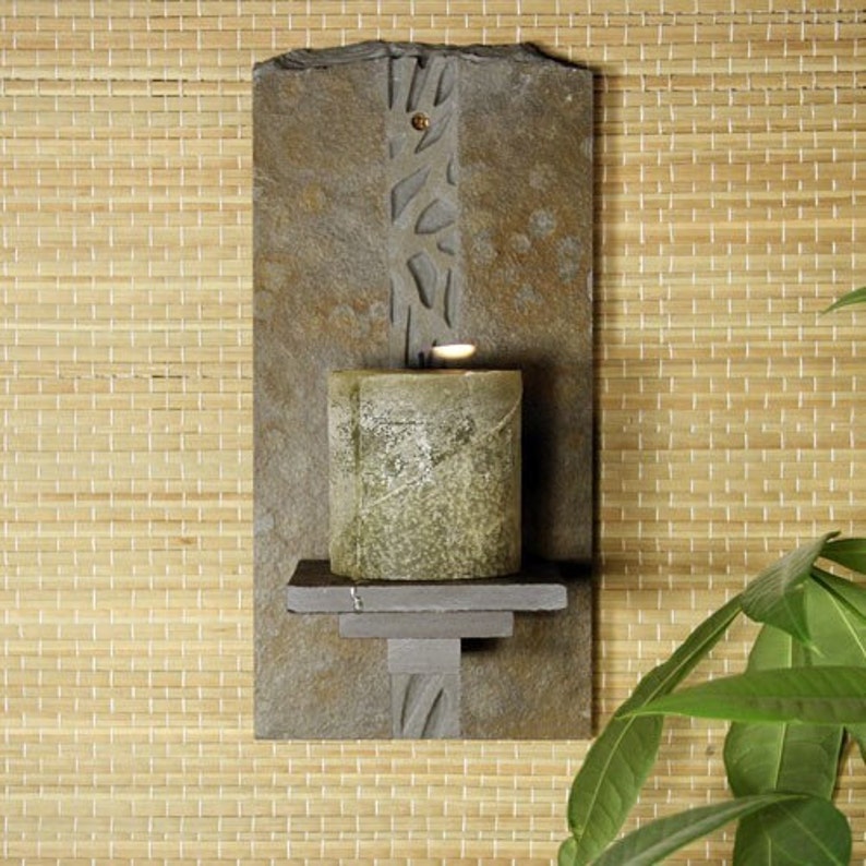 Natural Stone Wall Candle Sconce Woodland on Copper Slate Etsy