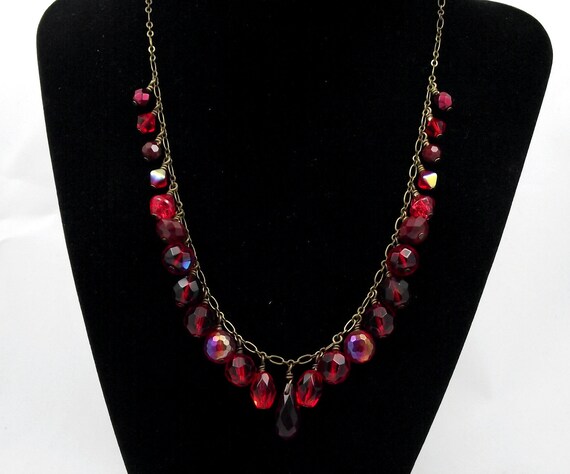 Items similar to Red Glass Bead Wire Wrapped Brass Chain Necklace on Etsy