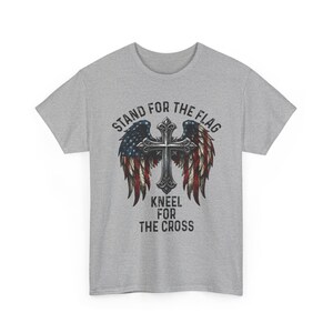Patriotic Christian Shirt, Stand For The Flag Kneel For The Cross, American Flag Cross Wings, Faith Freedom USA Tee image 4
