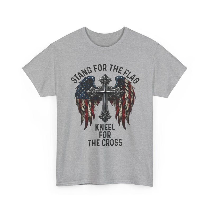 Patriotic Christian Shirt, Stand For The Flag Kneel For The Cross, American Flag Cross Wings, Faith Freedom USA Tee image 4