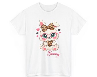 Girls Kawaii Bunny Shirt, Leopard Bow Glasses Easter Tee