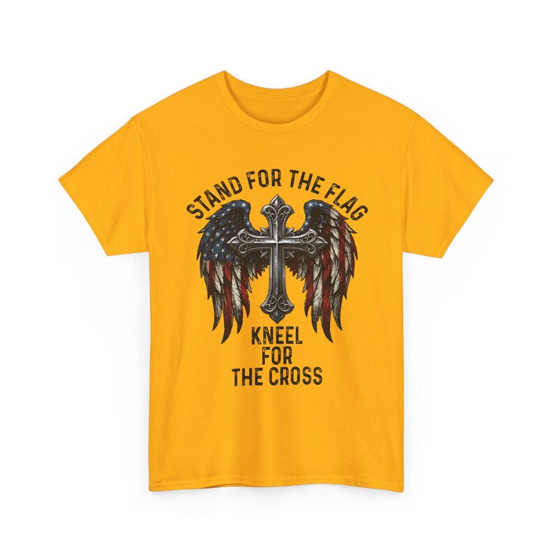 Patriotic Christian Shirt, Stand For The Flag Kneel For The Cross, American Flag Cross Wings, Faith Freedom USA Tee image 5