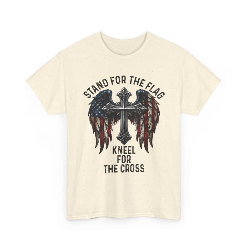 Patriotic Christian Shirt, Stand For The Flag Kneel For The Cross, American Flag Cross Wings, Faith Freedom USA Tee image 7