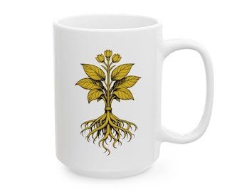 Taza botánica con diseño de plantas, taza de café con raíces de árboles místicos, regalo para herbolarios, estética para amantes de la naturaleza, diseño esotérico, para mamás de plantas.