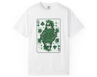 Queen of Clubs Card Design T-Shirt | St. Patrick's Day Clover Artwork