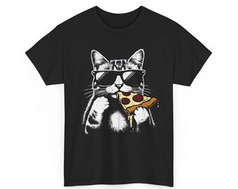 Cat Eating Pizza Graphic T-Shirt – Black Cotton Tee