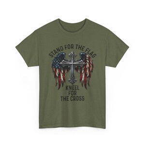 Patriotic Christian Shirt, Stand For The Flag Kneel For The Cross, American Flag Cross Wings, Faith Freedom USA Tee image 8