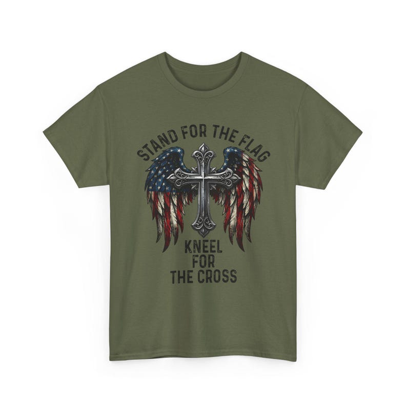 Patriotic Christian Shirt, Stand For The Flag Kneel For The Cross, American Flag Cross Wings, Faith Freedom USA Tee image 8