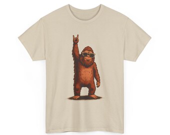 Funny Bigfoot Rock On T-Shirt, Retro Rock Hand Sign Top